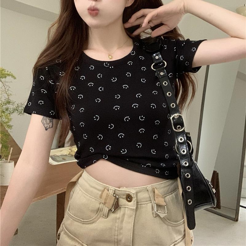 Moda coreana gris blanco Camisetas de mujer verano manga corta cuello redondo casual ajustadas estampado gráfico camiseta corta para mujer y2k Tops Ropa