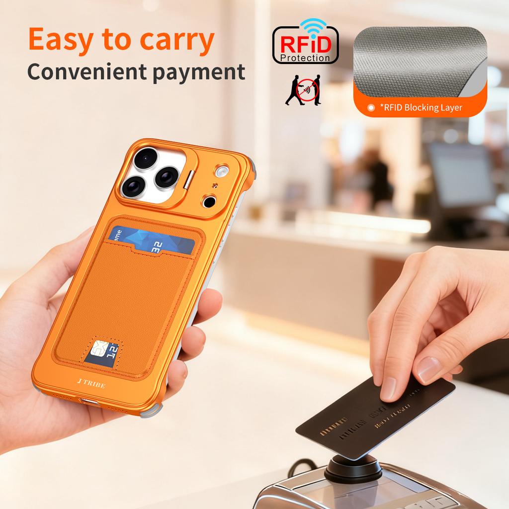 For iPhone 15 Pro Max Case Lens Frame Kickstand Metal Frameless Phone Cover with Leather Card Slots