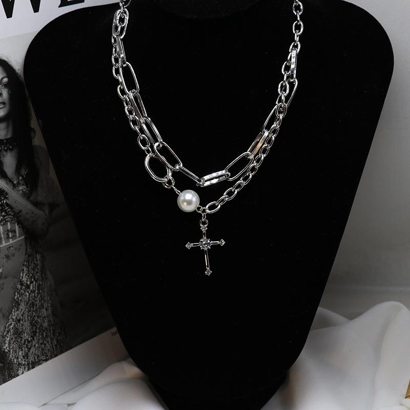 Tooxika Diamonds Cross Double Stacked Band Necklace Women Cold Wind Necklace Fashion Collarbone Chain