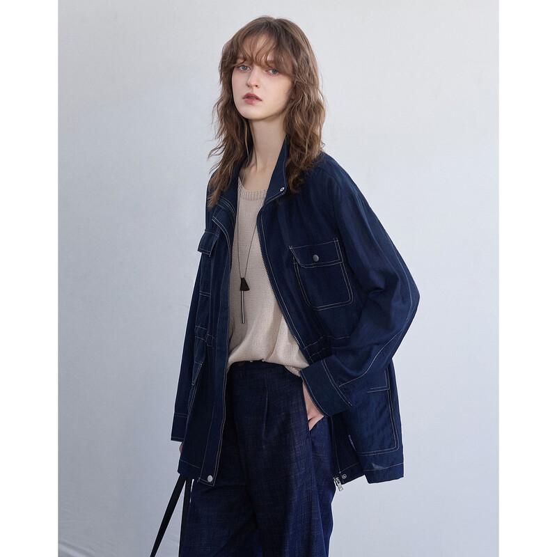 Demana Linen Blend Stand Collar Drawstring Waist Jacket