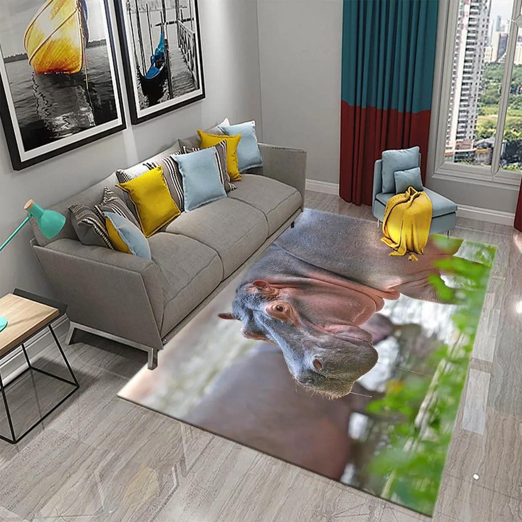 3D Nilpferd Teppich Liebliches Tier Fußmatte für die Haustür Willkommensmatten Rutschfest Küchen Badezimmer Schlafzimmer Teppich Boden Heimdekor Moderne Teppiche