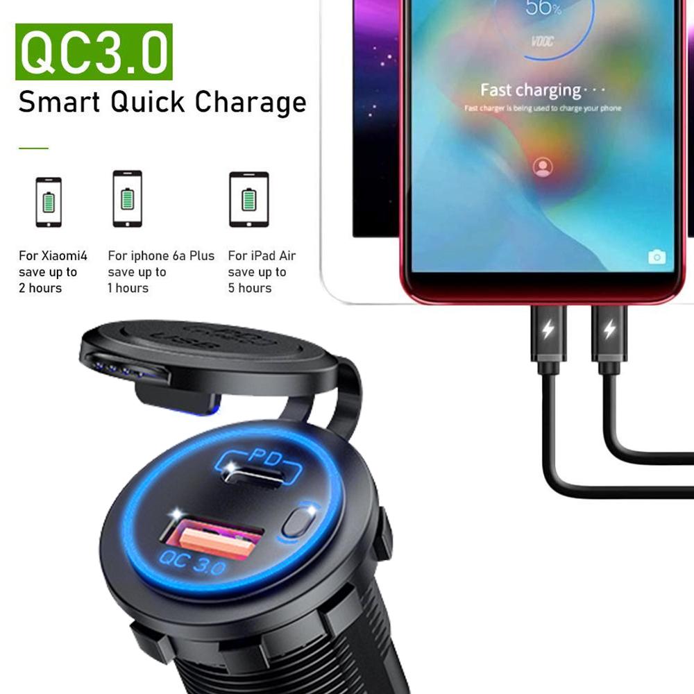 60W Quick Charge Car Charger QC3.0 USB+PD Type C Port Cigarette Lighter Socket Voltmeter Auto Power Adapter for 12V/24V Vehicle