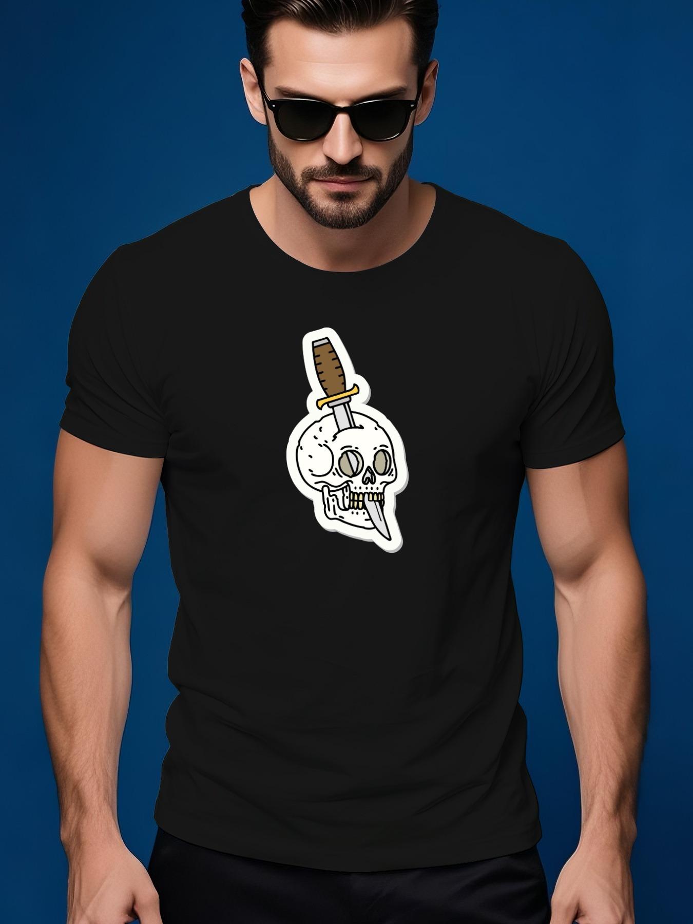 Cotton Crew Neck Tshirt with Traditional Skull Tattoo Des... S