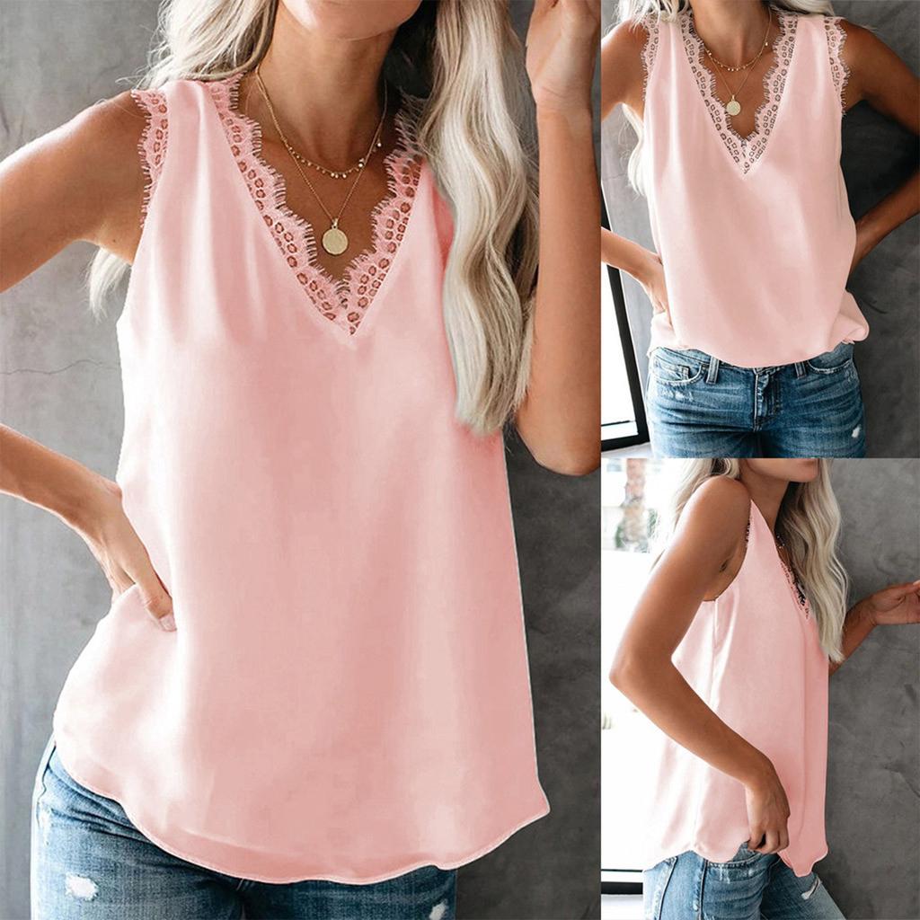 Ärmelloses Damen-Tanktop mit Spitzensaum und V-Ausschnitt, leicht, einfarbig, lässige Sommerbluse für den täglichen Gebrauch