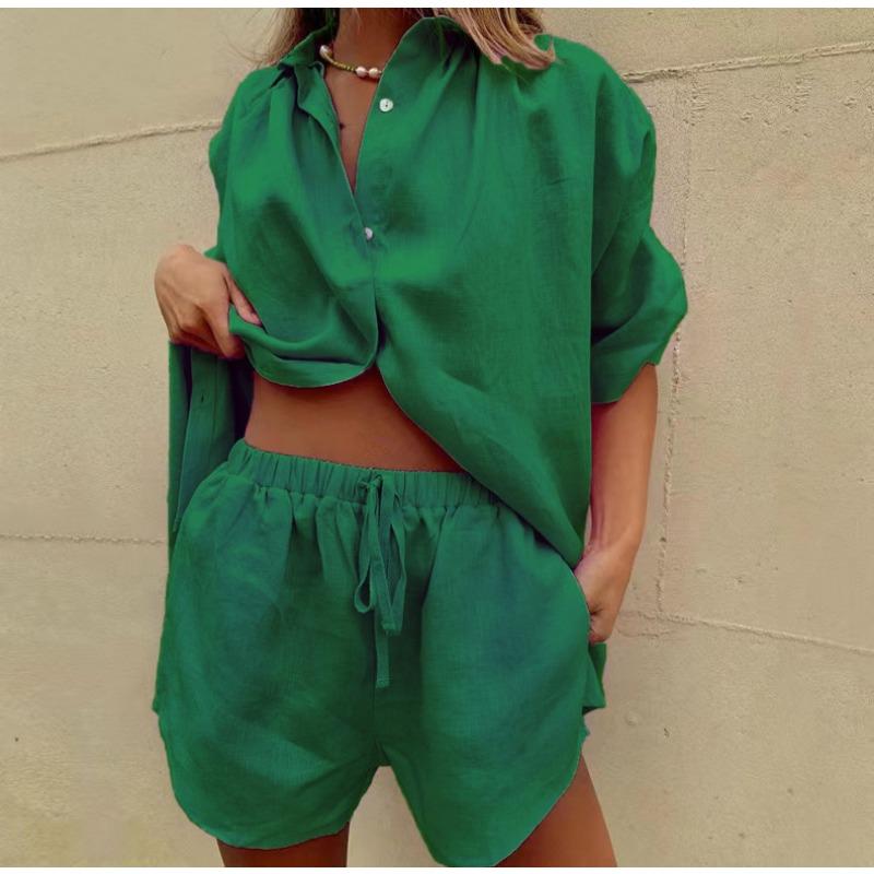 Fashion Solid Shirt Home Suits Casual Short Sleeve Tops + Drawstring Shorts Two Piece Set Summer Women Button Loose Outfit