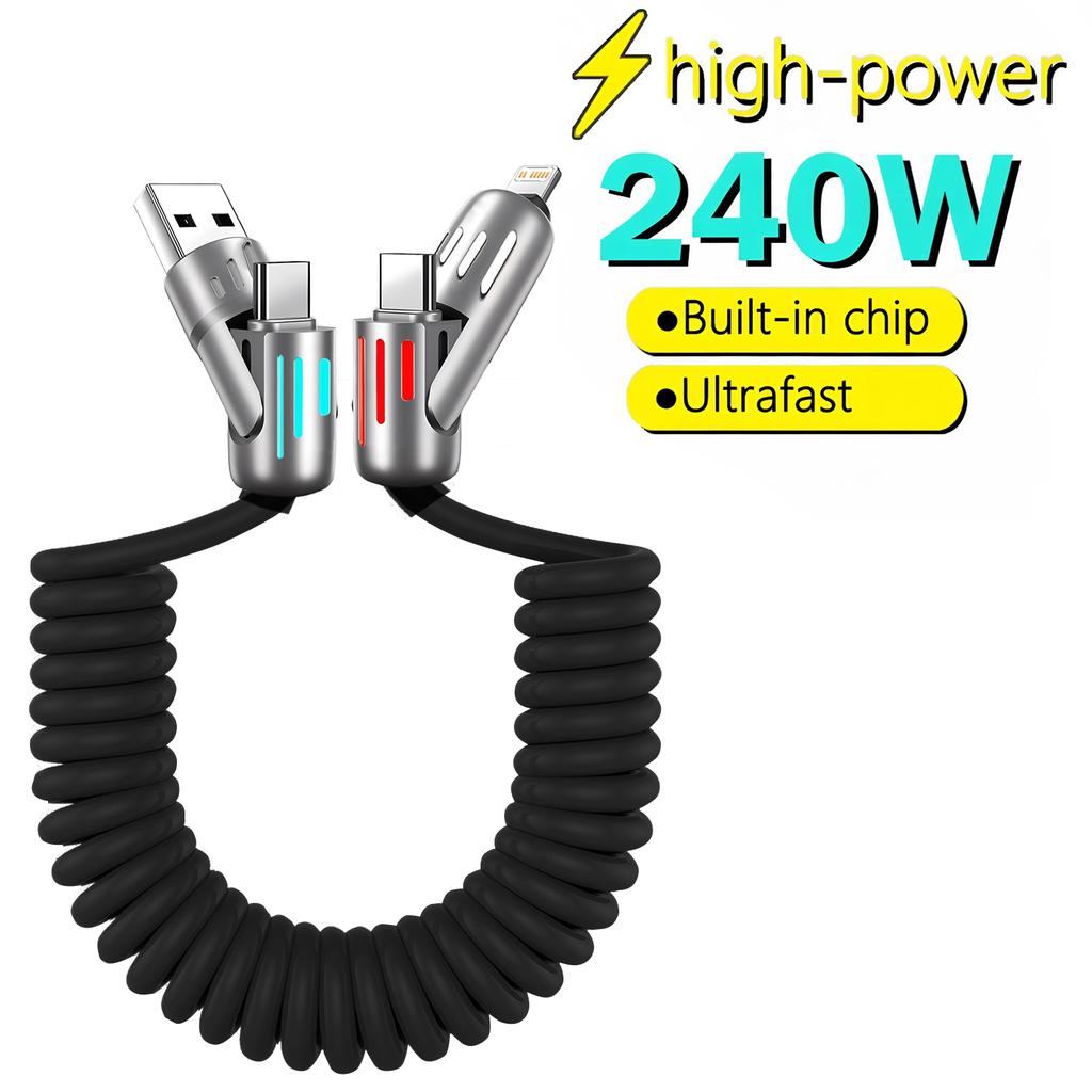 240W Coiled 4 In 1 Fast Charging Cable,USB A/C To USB C/L,Multi Functiona Retractable Cord for iPhone 17/16,Samsung Galaxy S25