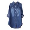 Damen Hemdmantel Revers Langarm Loose Fit Mittellanges Jeanshemd Basic Pendlerstil Oberbekleidung mit Taschen