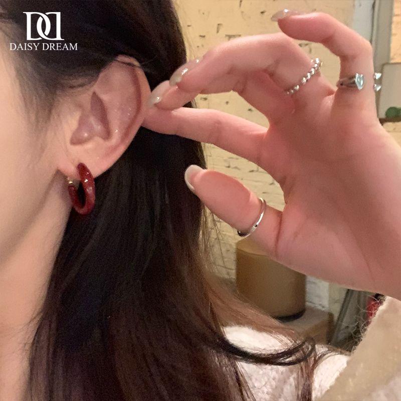 Angkor Red Small Hoop Earrings: Retro Design, 925 Silver Needle