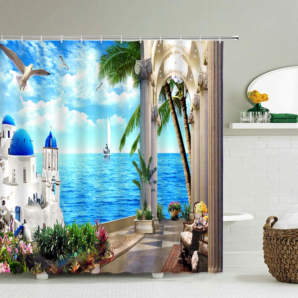Flowers Scenery Waterproof Shower Curtains Rural Street Flowers Bathroom Curtains Polyester Fabric Washable Decor Bath Curtains