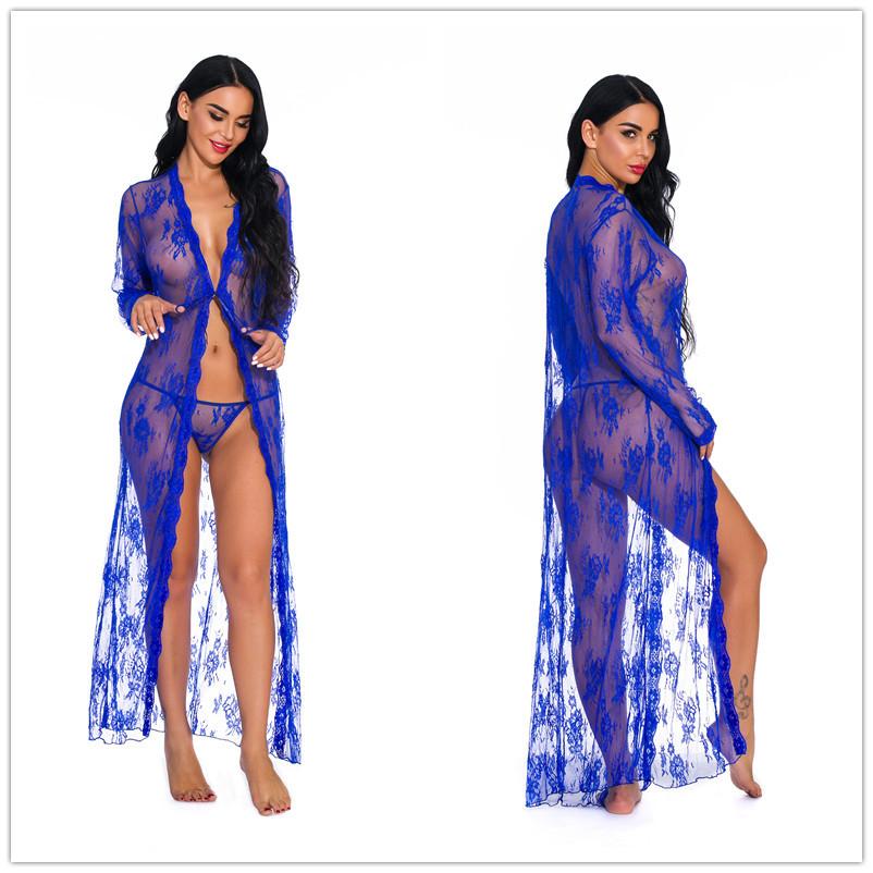 Romance Sheer Long Dress Woman Sexy Lingerie Erotic Floral Sleepwear Fancy Lace Pajamas Porn Outfits See-through Sexy Set