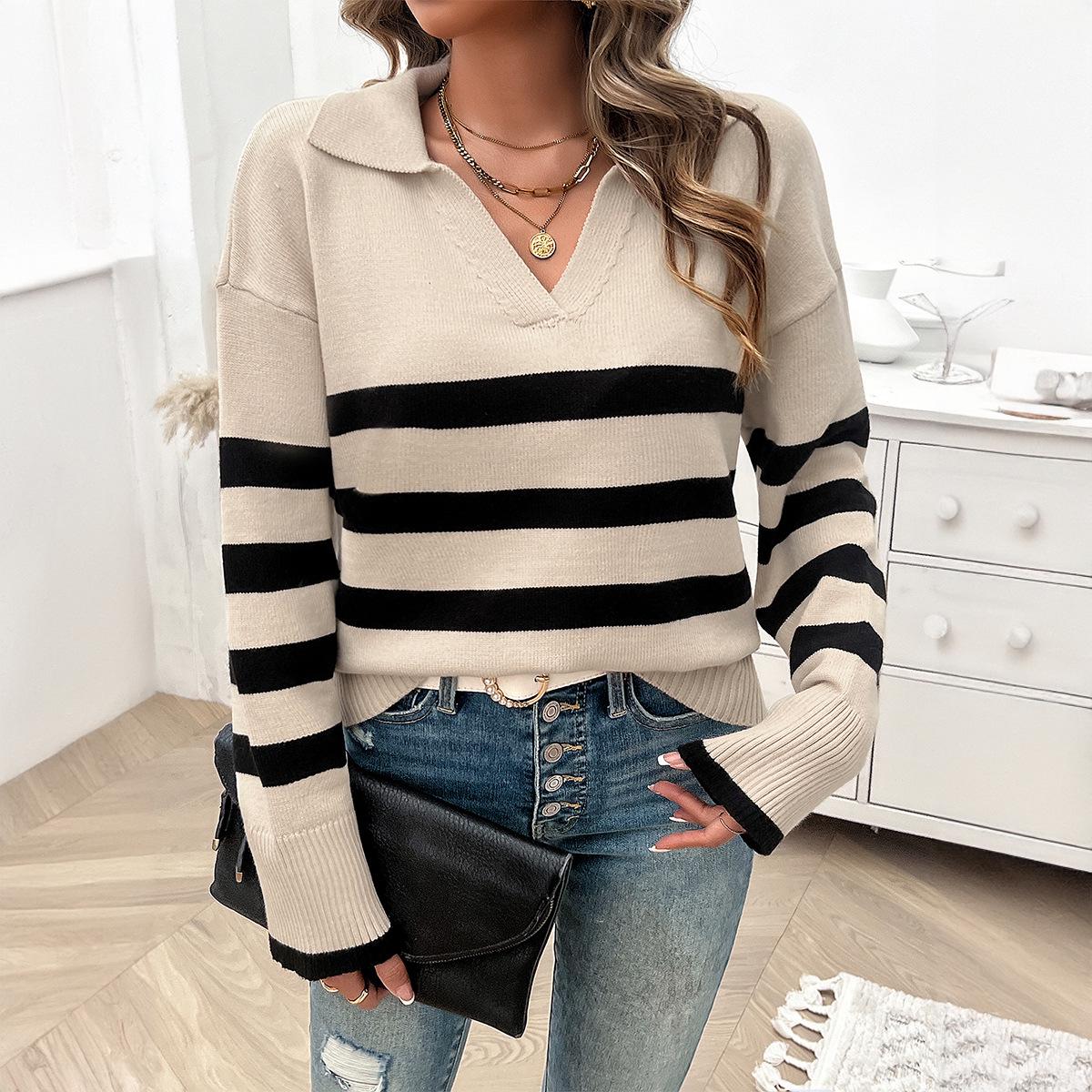 

Di Yun Omei 2024 Autumn/Winter Women s Striped Color Block Loose Sweater with Turn-Down Collar