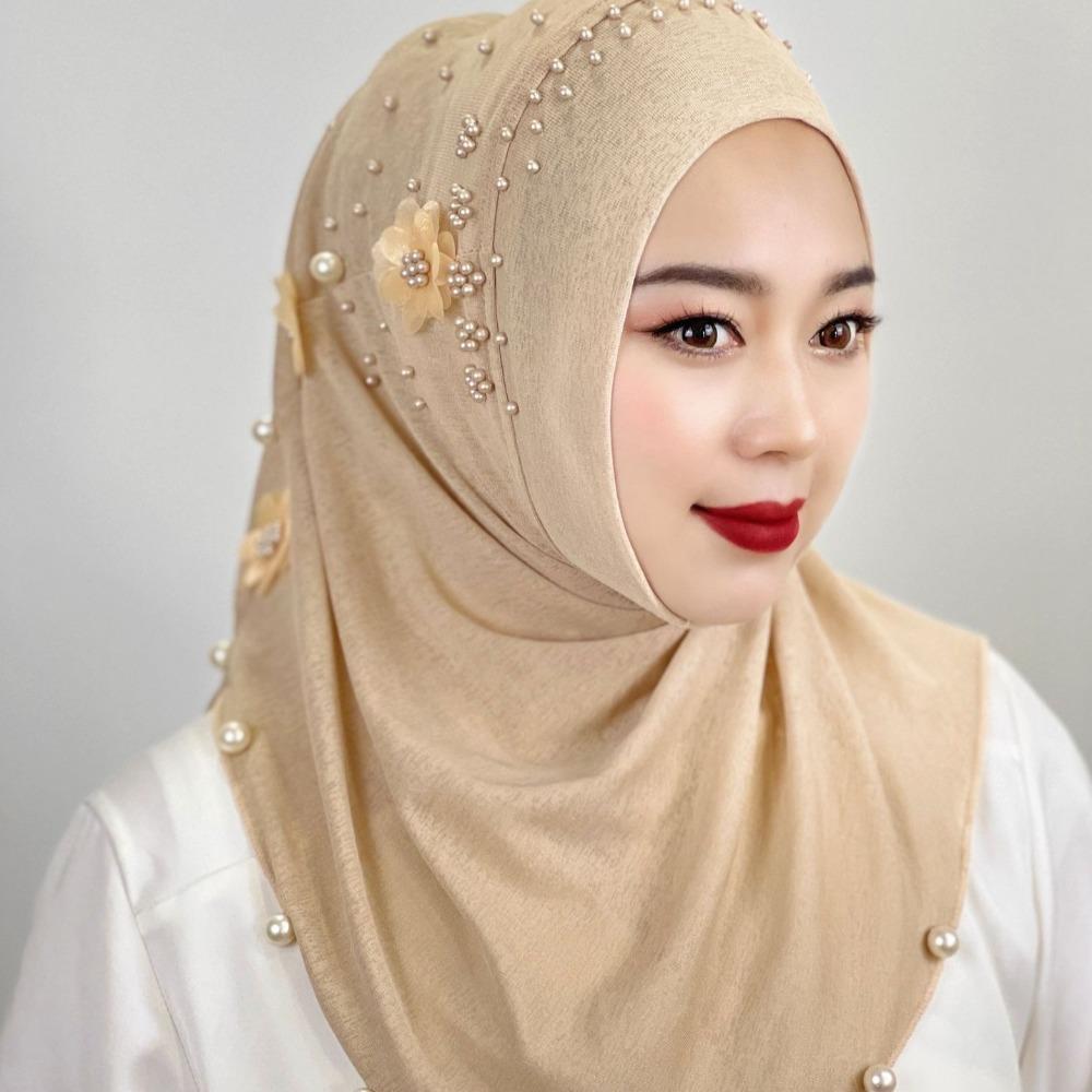 Ramadan Hijab Breathable Islamic Headscarf Beaded Flower Turban Headband Shawl Solid Color Head Wraps Hat