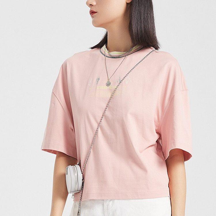 Li Ning Sports Fashion Collection T Shirts Women's Misty Rose Pink Crew Neck Moderate Straight Fit AHSQ246-1