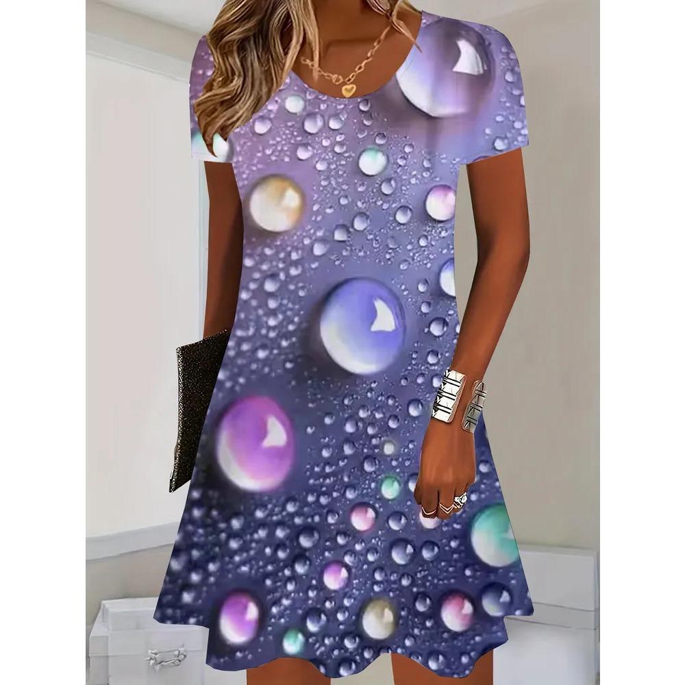 

Summer Round Neck Short Sleeved Dress Colorful Heart-shaped Water Droplet Print Fashionable Comfortable Breathable Vacation Casual Women s Mini Dress 8XL