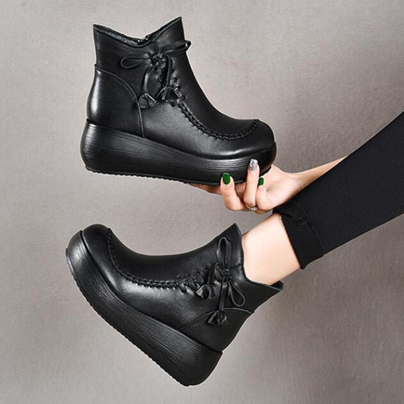Fashion GKTINOO Ankle Women Boots Genuine Leather Round Toe Women Shoes Zip 2025 New Wedges Handmade Leisure Platform Boots Size 33-40