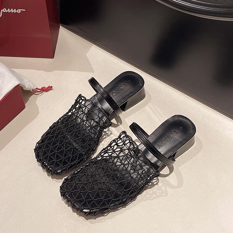 Sandale romane goale țesute cu plasă de pescuit de nișă europeană și americană, de vară pentru femei, noi, de pescar, cu talpă plată, cu vârf rotund, cu cap de sac, jumătate papuci