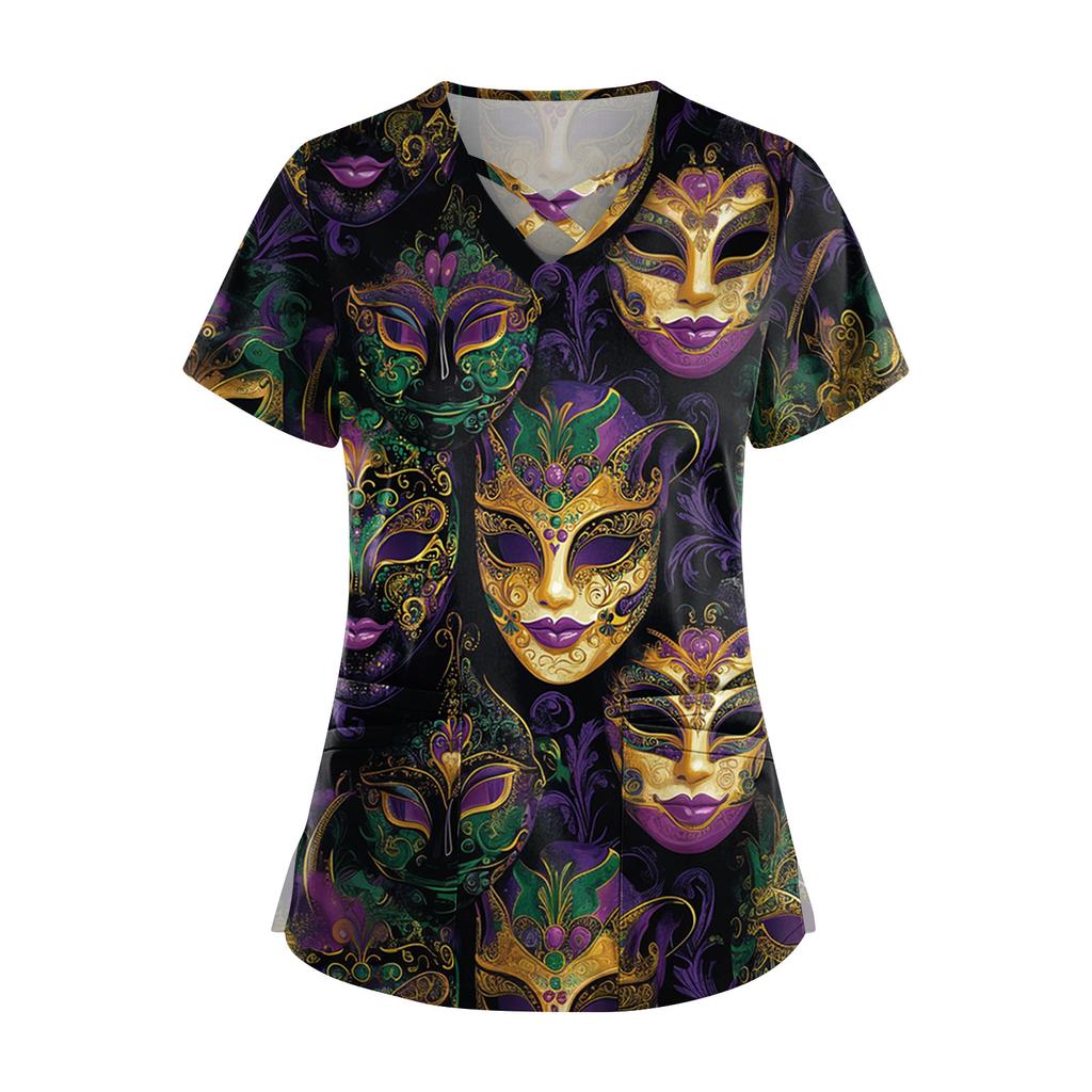 Dam Kortärmad Stagger V-ringad Tryck Ficka Torr-Topp