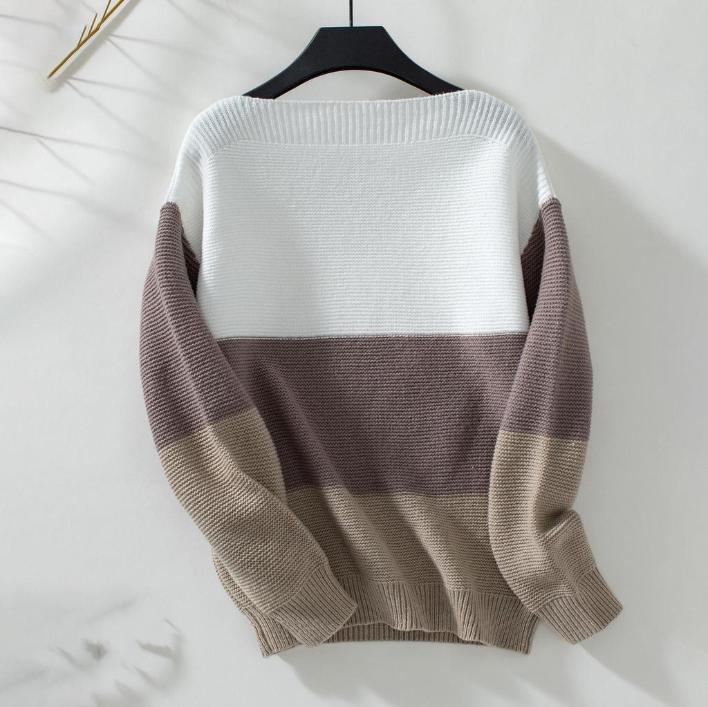 Høst Vinter Vintage Løs Langermet Topp Farge Collision Cardigan Strikket Genser O-hals