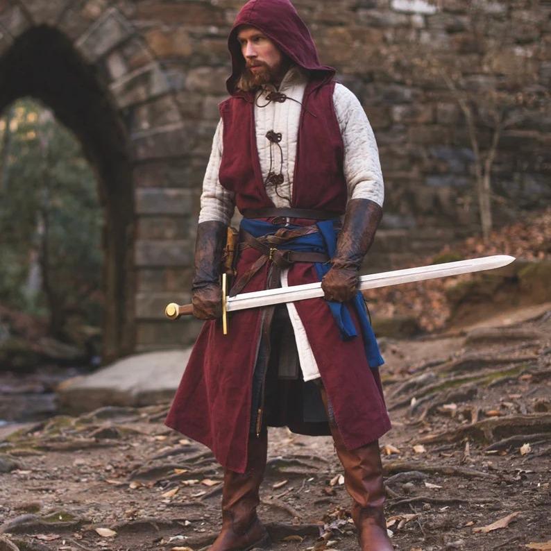 Linen Medieval Open-Front Hooded Robe Cloak