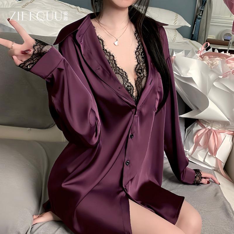 Boyfriend style shirt sexy large size pajamas pure lust thin lace fake two pajamas loungewear
