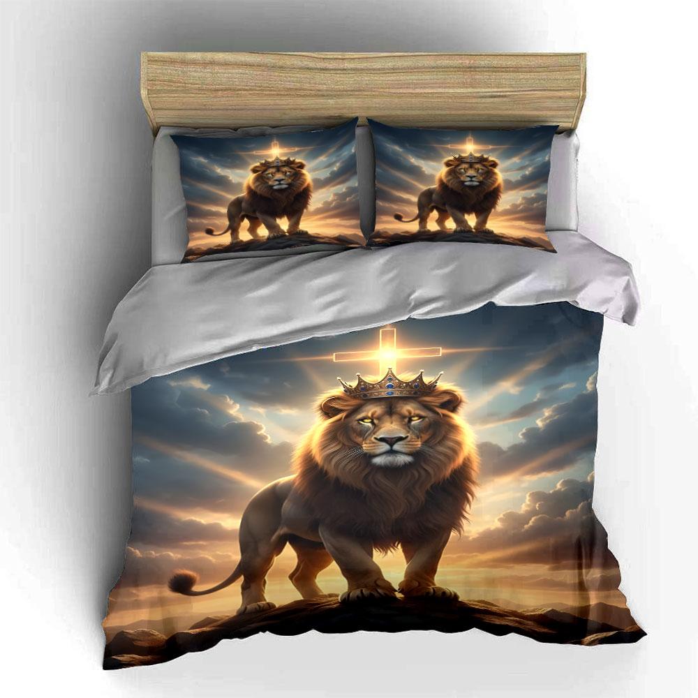 Majestic Lion with Crown Bedding Duvet Cover Set Duvet Cover Pillowcases (1*Duvet Cover 2*Pillowcases, Without Duvet Insert)