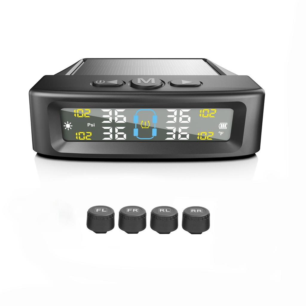 TPMS Däcktrycksövervakningssystem Bil Säkerhetslarmsystem Trådlös Sol-/USB-driven 4 Sensorer med Färgdigital Display