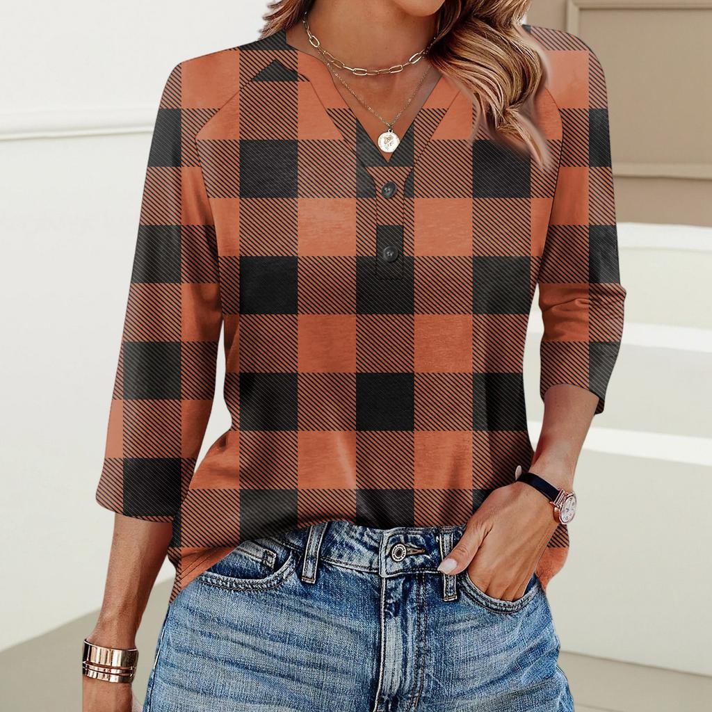 Damenmode Lässig Bedrucktes V-Ausschnitt Knopf Dreiviertelarm T-Shirt Raglanärmel Top
