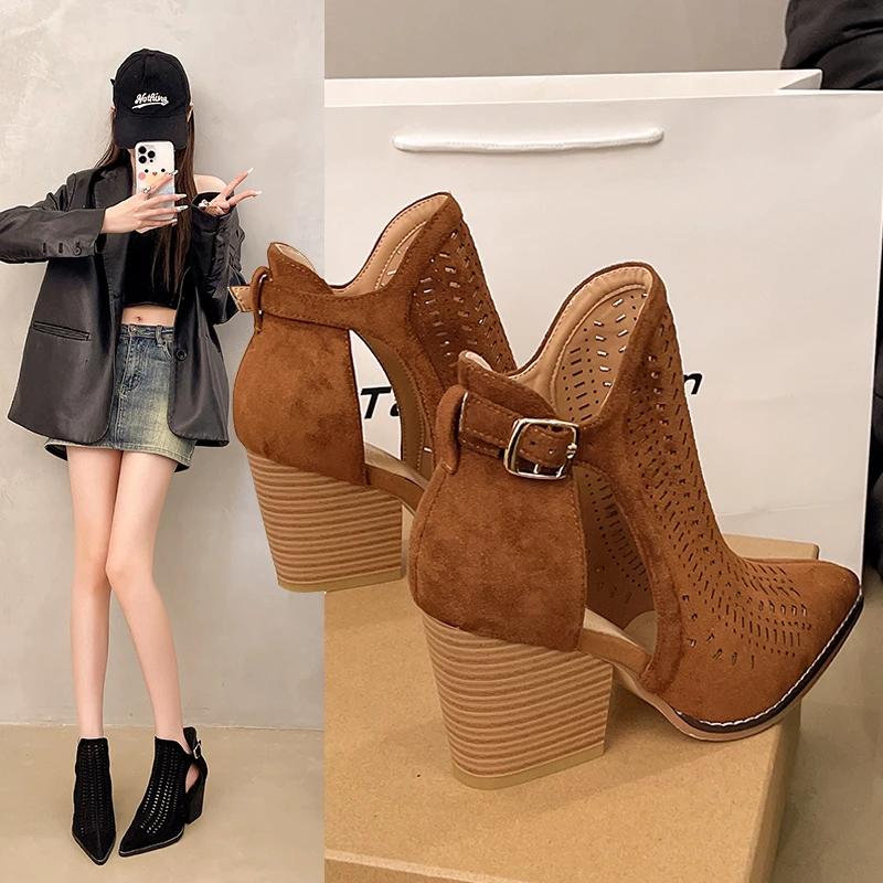 Black Mesh Boots Hollow Short Boots for Women Summer 2025 New Cool Breathable Sandals Pointing Toe Western Denim Boots Platform