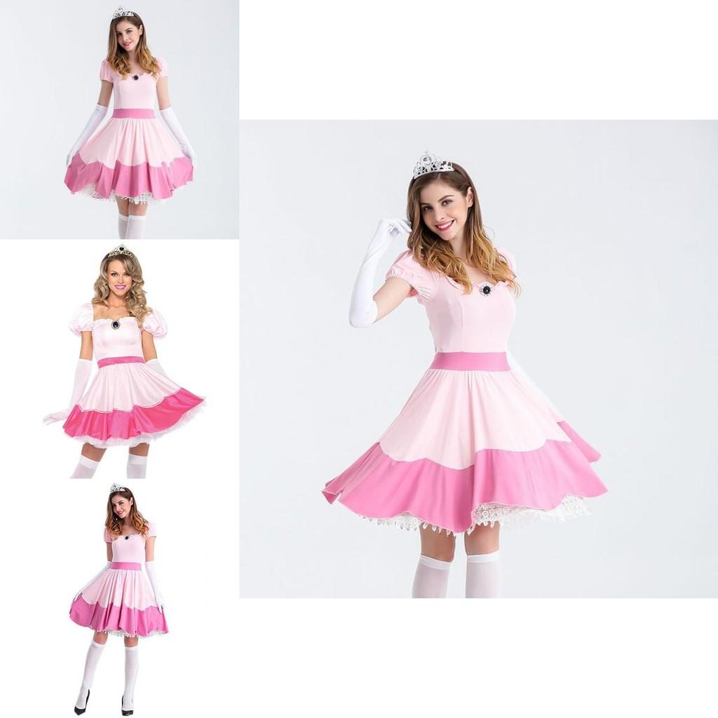 Elegant Super Mario Pink Princess Peach Costume Dress With Crown And Gloves Set