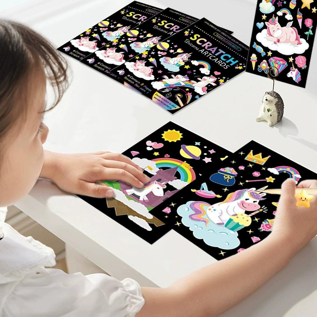 Kit de Tarjetas de Papel para Pintar Scratch Art de Color Arcoíris Mágico de 9 Piezas/set Tablero de Dibujo de Animales de Dibujos Animados Juguetes de Dibujo Juguete Educativo DIY