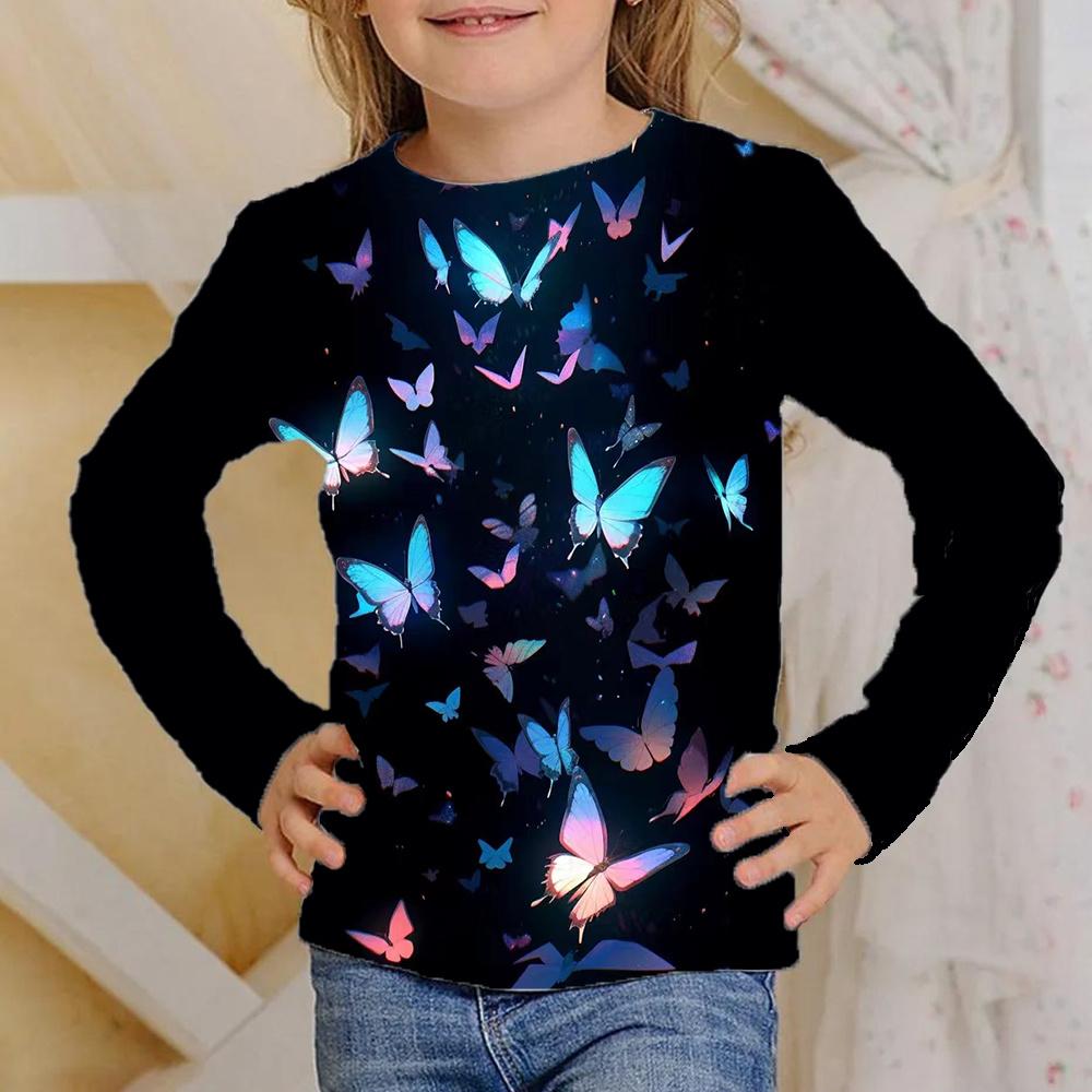 Spring and Autumn Round Neck Butterfly Pattern 3D Printed Top Fashionable Casual Long Sleeved Children's Girl T-shirts