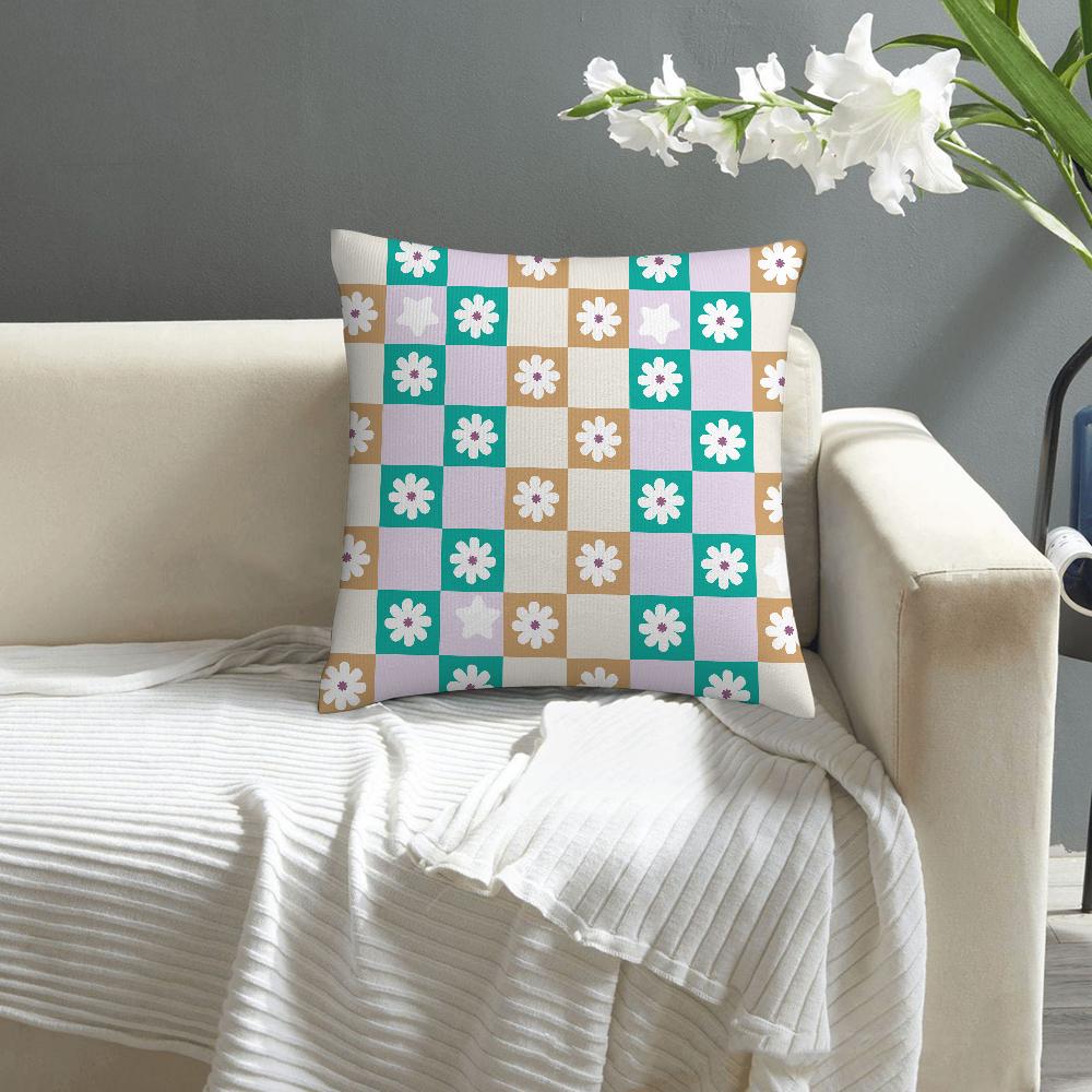 Checkered Flower Pattern Pillow Case Sofa Decorative Home Double-sided Printing Short Plush Cushion Cover Throw Pillow Cover