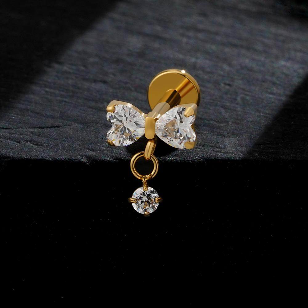 Right Grand ASTM F136 Titanium Bow Dangle CZ Piercing Labret Stud 16G Flat Back Helix Tragus Cartilage Earring Bridal Jewelry