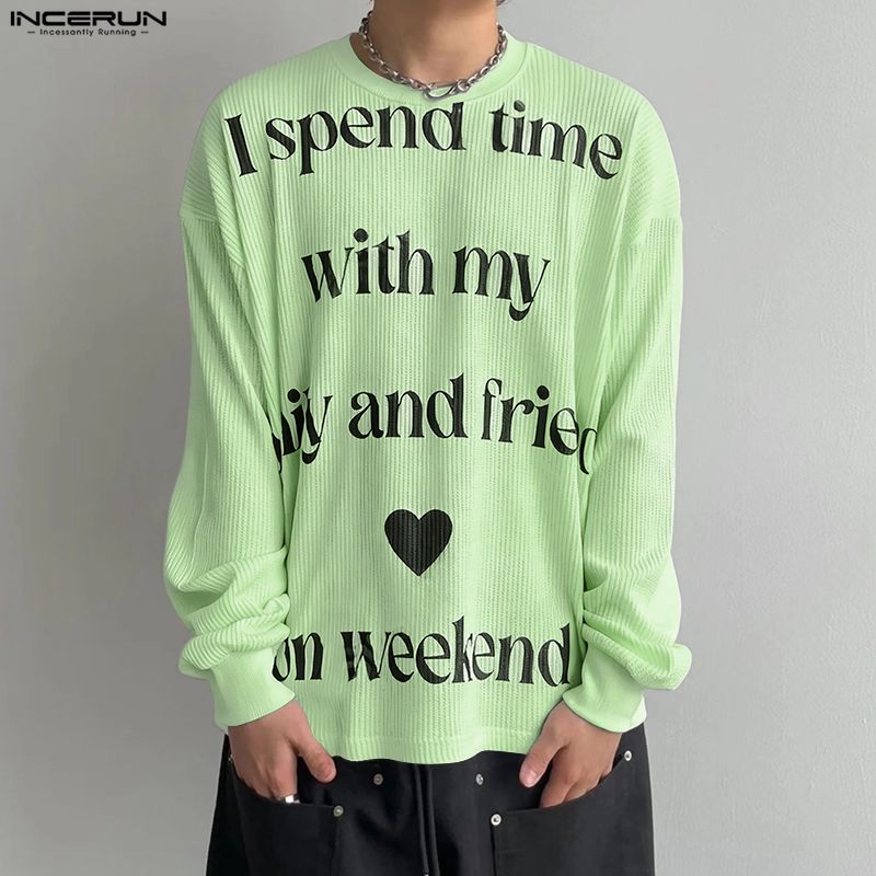 INCERUN Men Round Neck Long Sleeve Letter Print Casual Loose T-shirts Tops