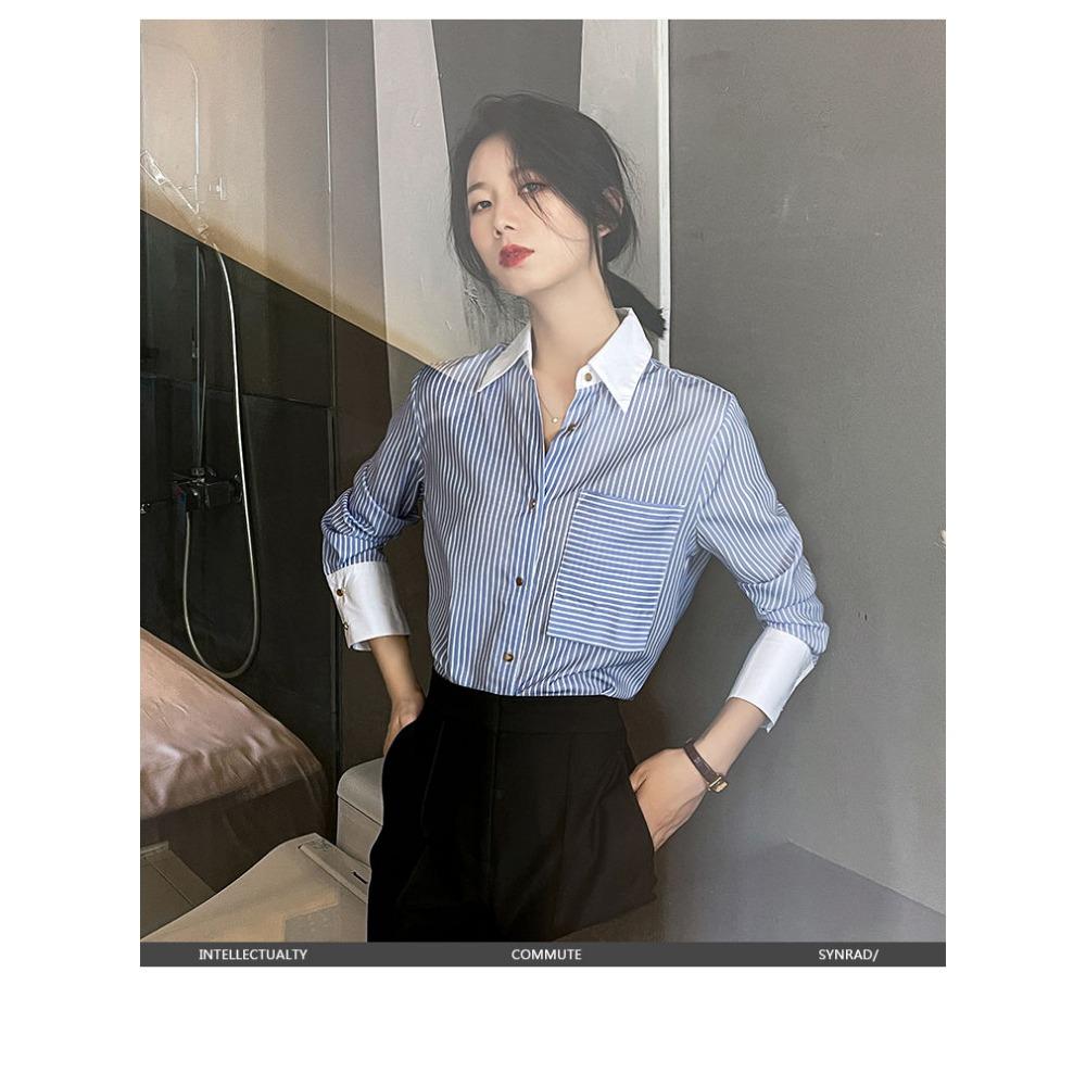 Cămașă cu Guler cu Dungi Verticale Versiune Coreeană Stil Primăvară Toamnă Nișă Temperament Navetist Cardigan cu Nasturi Multipli