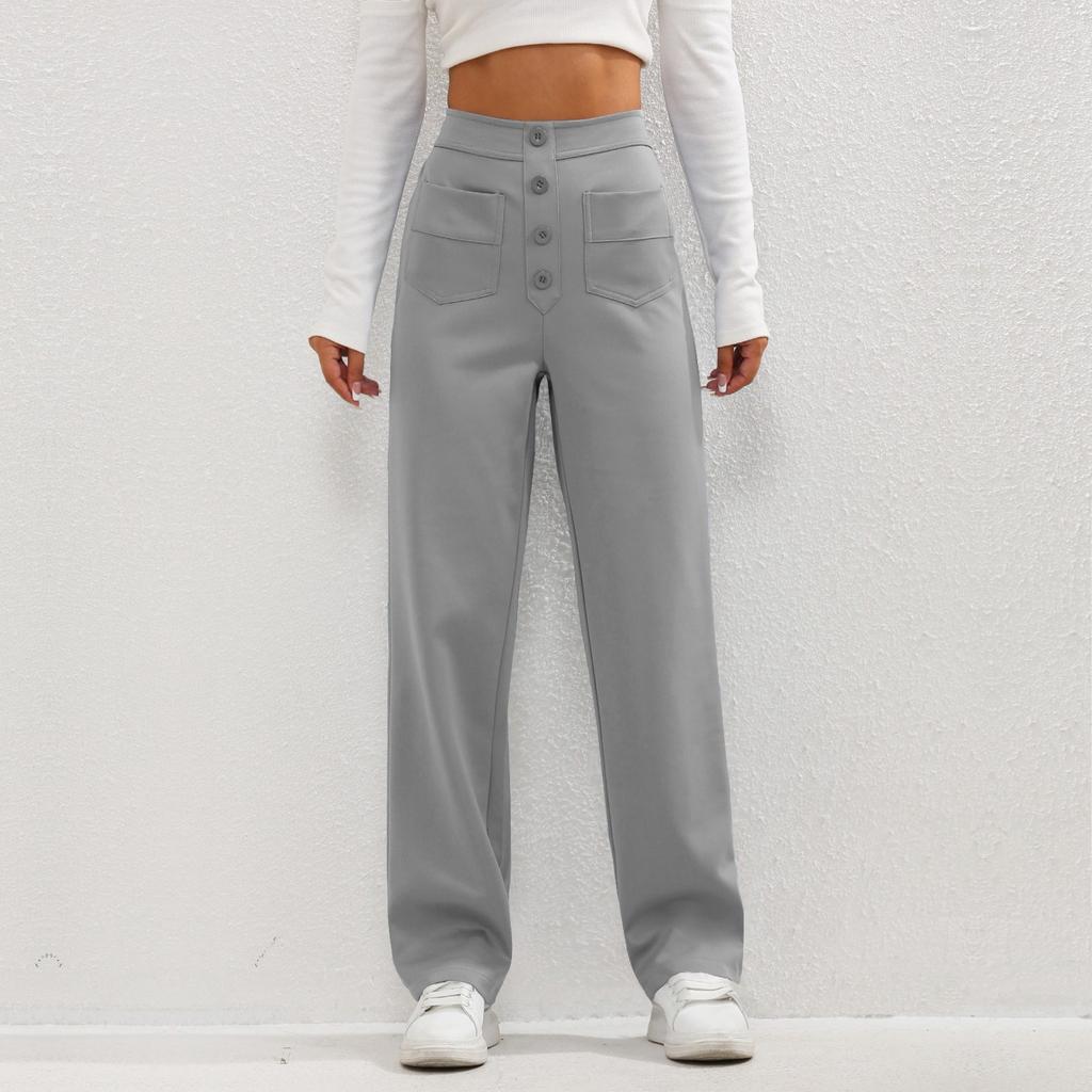 Women's Casual Straight Leg Pants With High Waist Button Elastic Business Work Pants With Multiple Pockets