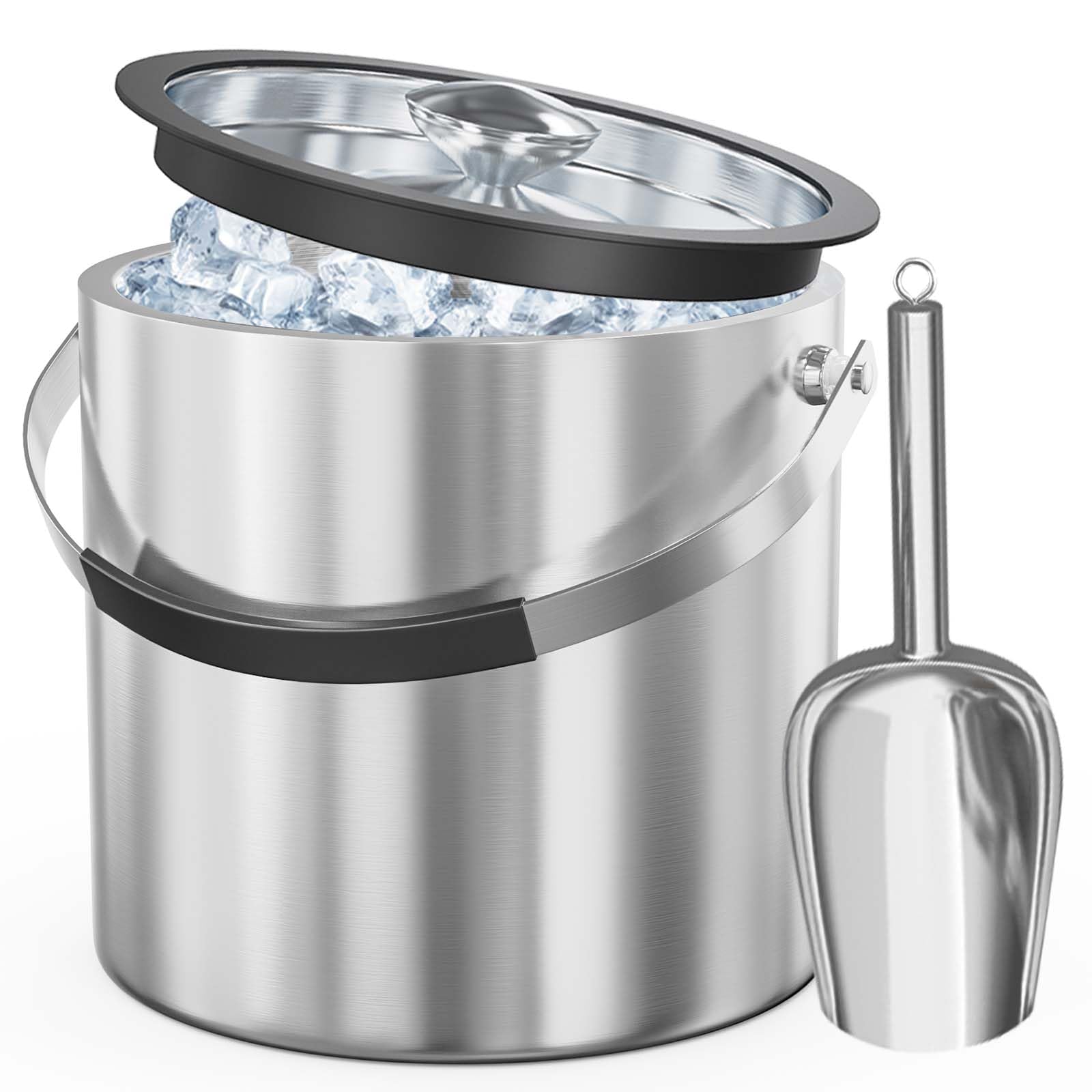3.2L Double-Walled Stainless Steel Ice Bucket (with Lid, Scoop, and Tongs), Insulated Ice Bucket Perfect for Cocktail Bars and Parties