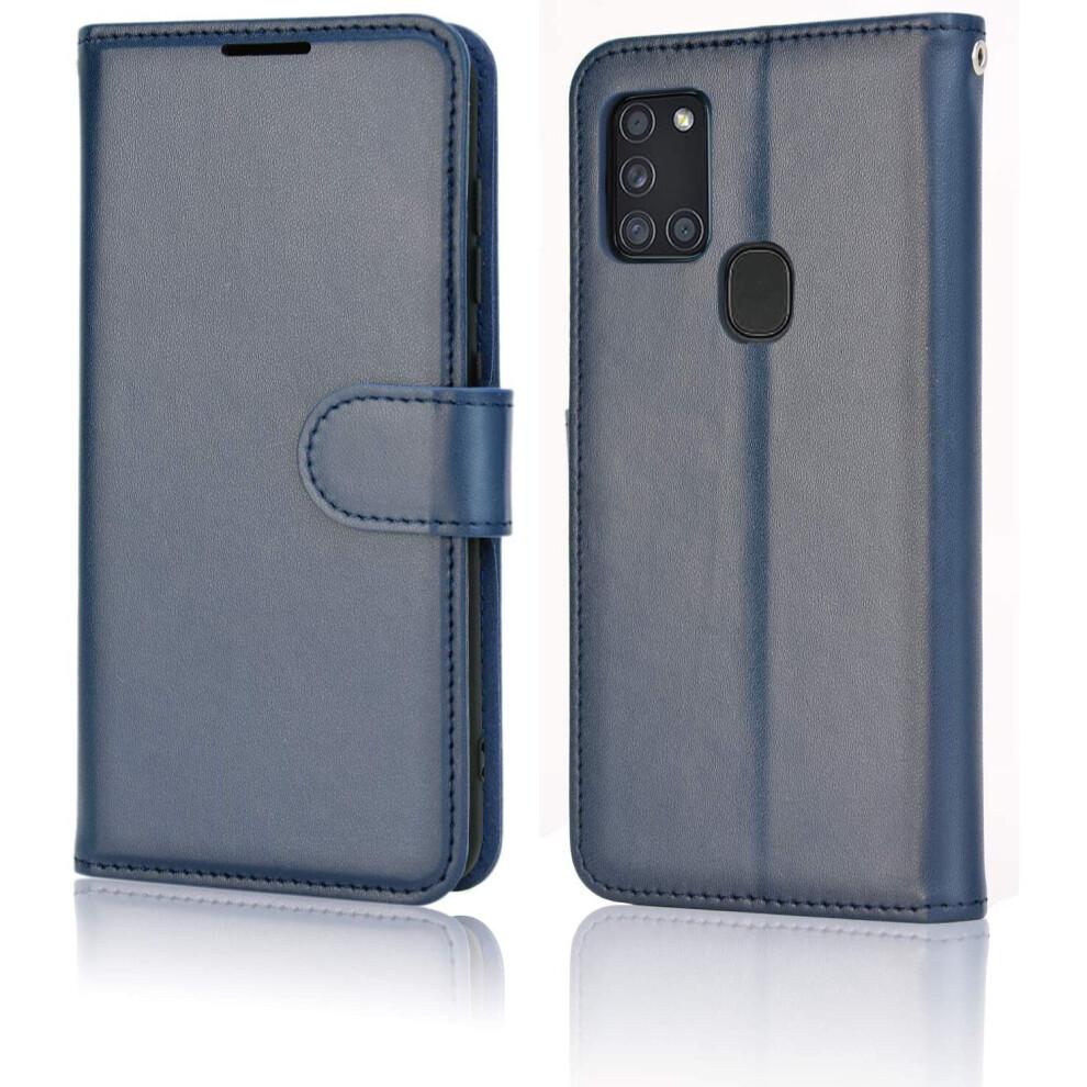 Étui portefeuille en cuir pour Galaxy A21s - Bleu marine, Coque à rabat avec 3 emplacements pour cartes + poche à billets, Support et dragonne, Fermeture magnétique