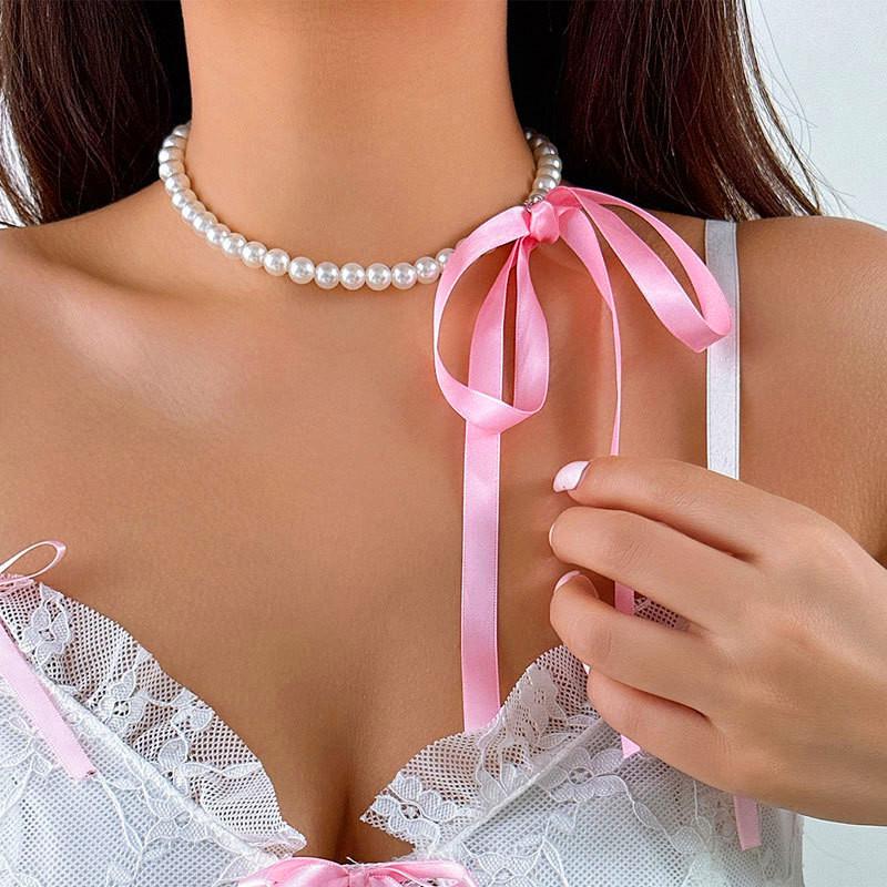 New Korean Romantic Imitation Pearl Beaded Choker Fashion Black Velvet Adjustable Bow Necklace Banquet Wedding Jewelry