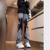 Mens Slim Fit Washed Denim Jeans With Tie-Dye Effect High Waist Straight Leg To Flared Cuff Lightweight Casual Pants
