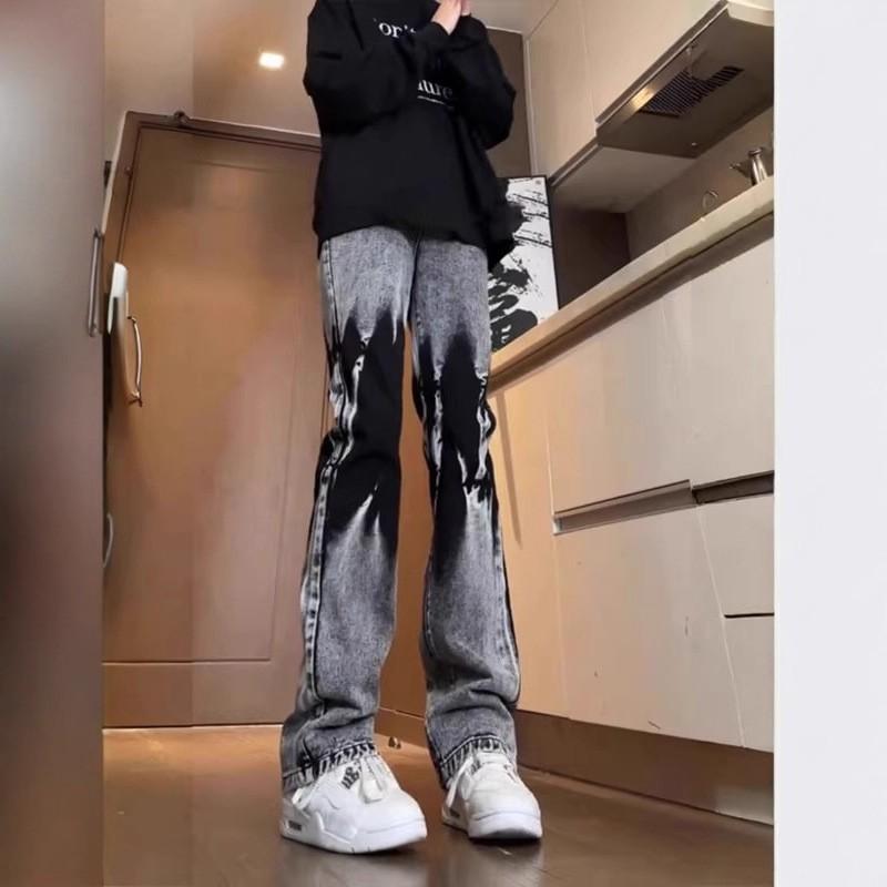 Mens Slim Fit Washed Denim Jeans With Tie-Dye Effect High Waist Straight Leg To Flared Cuff Lightweight Casual Pants