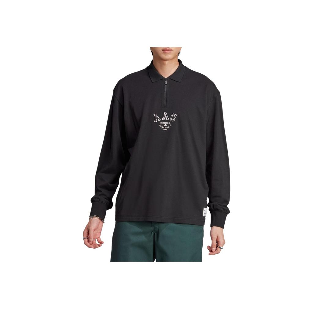 Adidas Originals Solid Letter Print Long Sleeve Polo Shirt Men Tops Black HZ0709