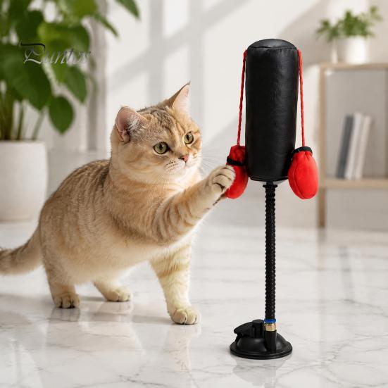 Boxing Punching Bag Toy for Kittens Cat Toy, Interactive Punch with Dangling Gloves, Suction Durable Faux Leather Scratching Cup Base, Indoor