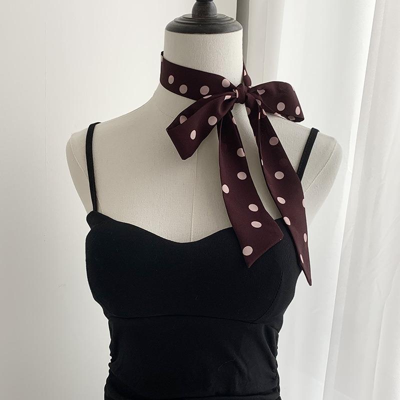 Silk scarf long strip high-end thin and narrow scarf women wear silk scarf polka dot plaid printing streamer