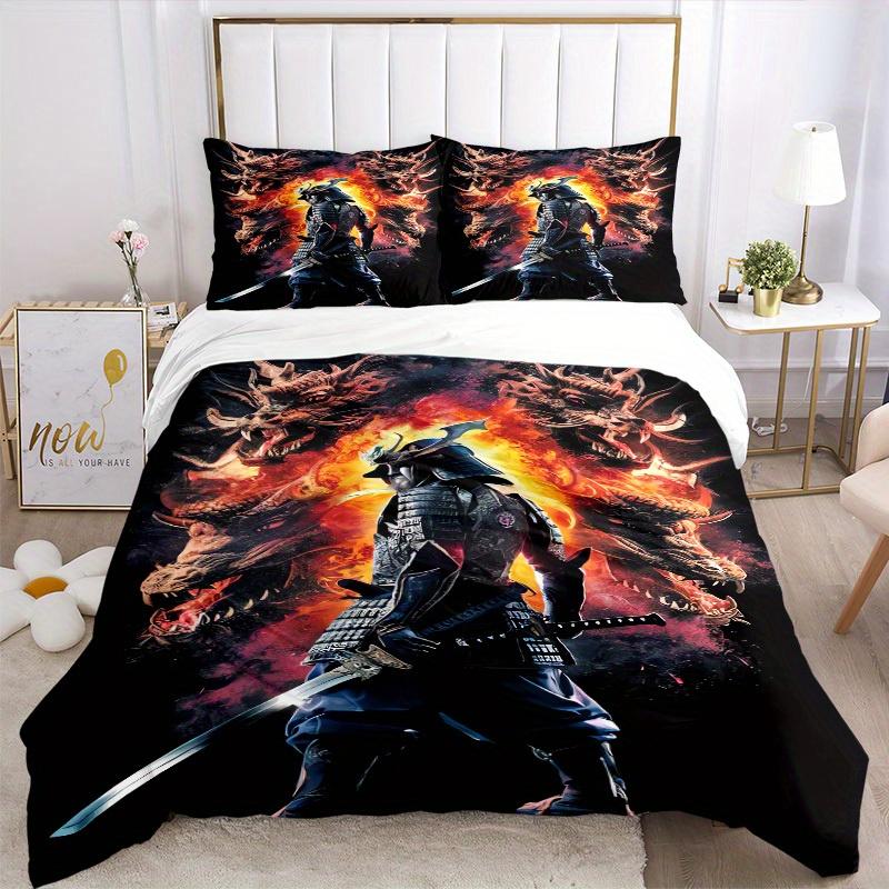 3pcs Samurai Dragon Bedding Set Soft Polyester Down Comforter Cover and Pillowcases, Suitable for All Seasons, Practical Gifts for the Home 0729096