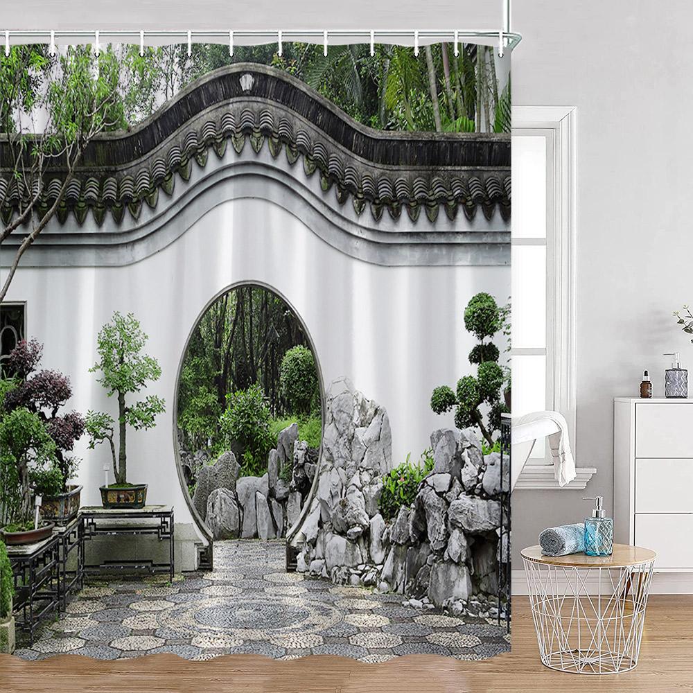 Garden Green Palnts Shower Curtains Green Leaves Chinese Garden Forest Floral Bathroom Curtains Classical Home Decor for Bath