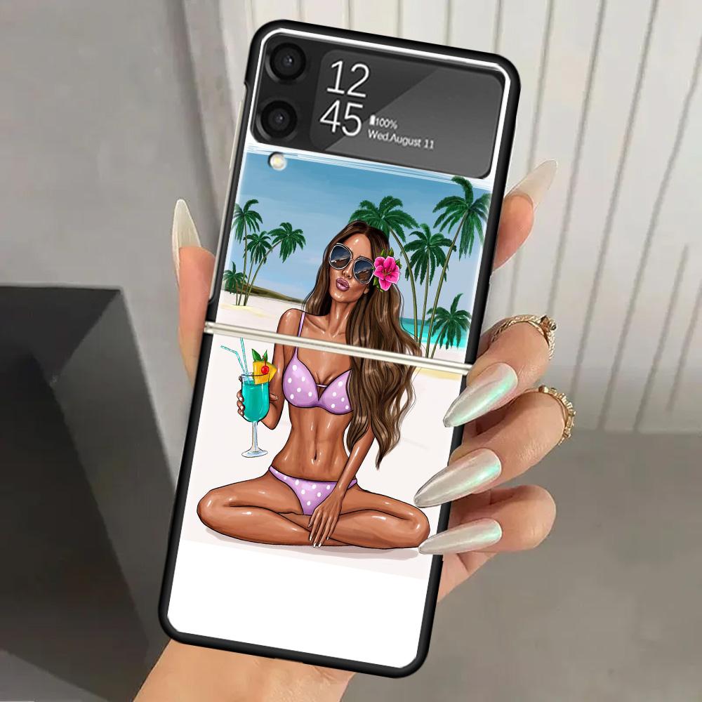 Girl Flamingo Summer Beach Hard PC Phone Case For Samsung Galaxy Z Flip 6 5 4 3 Black Cover ZFlip6 Flip5 Flip4 5G Foldable Print