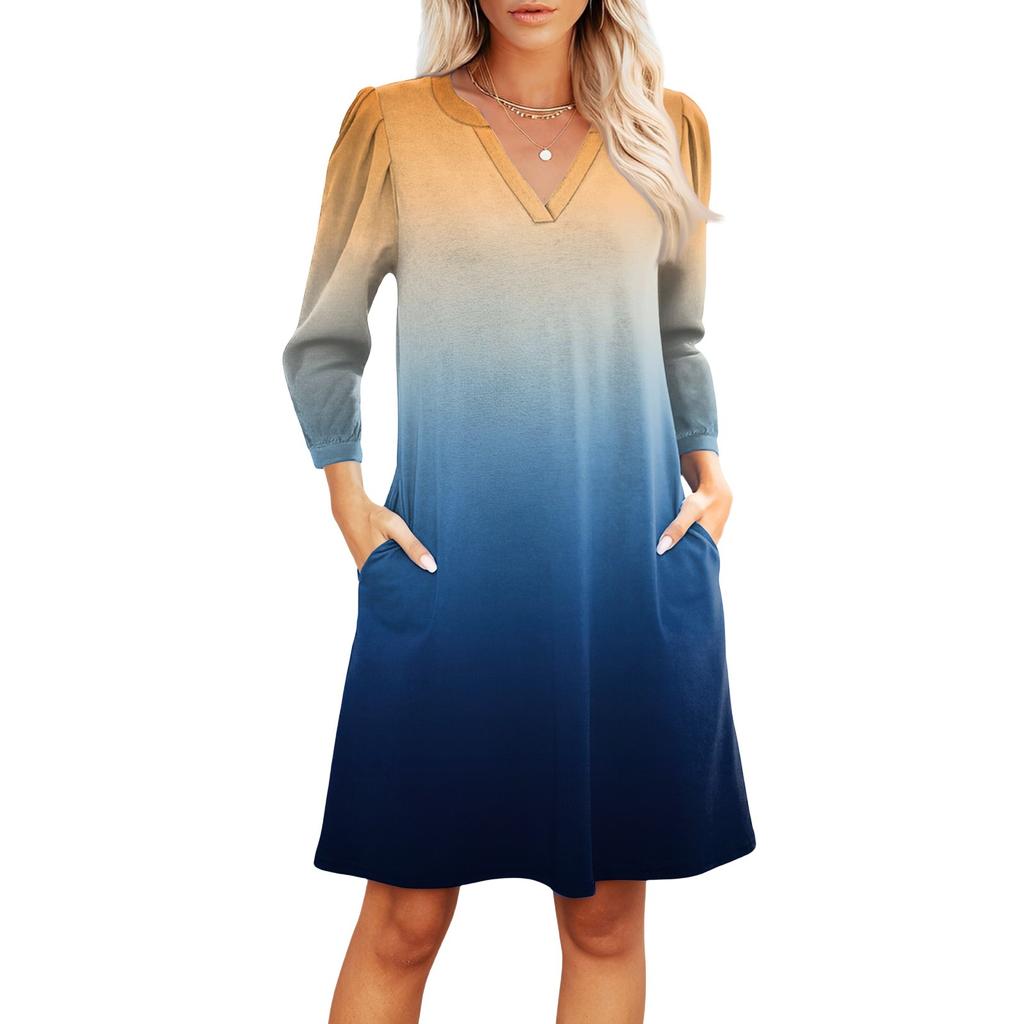 Women's Fashion V-neck Casual Beach Dress Three-quarter Sleeves Gradient Print Dress