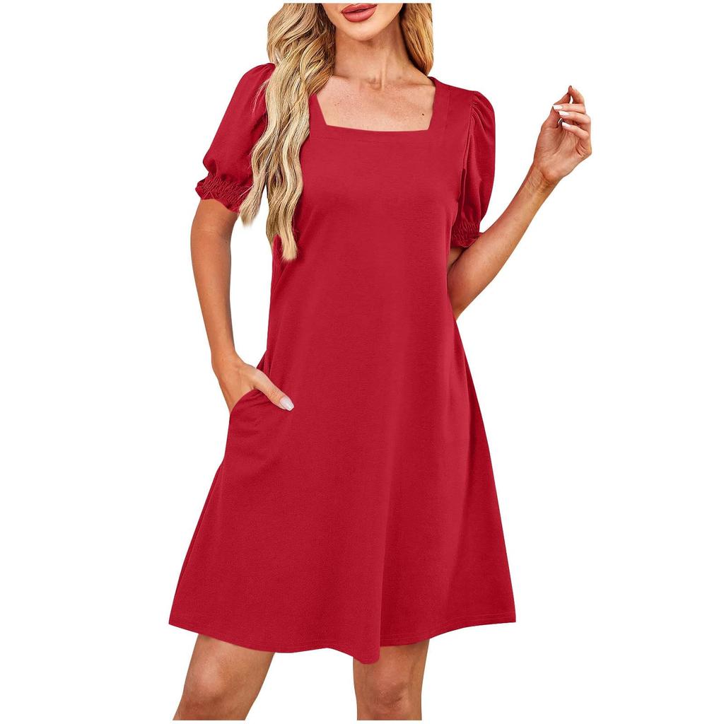 Damenmode Lässig Quadratischer Ausschnitt Farbe Kurzarm Kleid