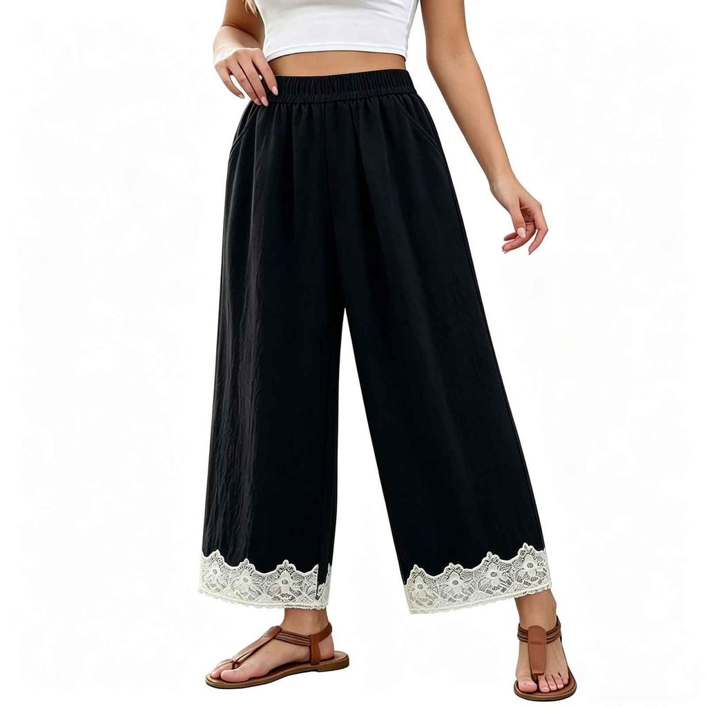 Women High Waist Loose Fit Cotton Linen Pants with Elastic Waistband and Pockets Casual Wide Leg Trousers Embroidered Hem